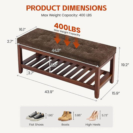HUBSON 44" Entryway Shoe Bench, Upholstered End of Bed Bench with Solid Wood Shelf, Button Tufted Shoe Bench for Bedroom, Hallway, Living Room, Brown