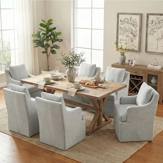 VKNOW Upholstered Dining Chairs Set of 4, Modern Kitchen Chairs Dinner Chairs with 4 Casters, Chenille Armchair for Bedroom Reading Room Living Room, Light Grey
