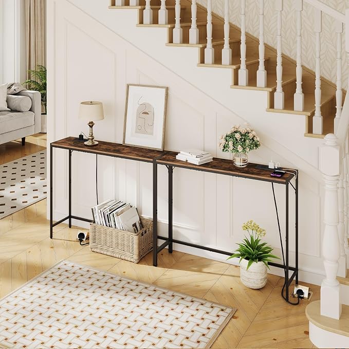 MAHANCRIS Console Table, Narrow Sofa Table, 43.7” Entrance Table with Power Station, Behind Couch Table, Simple Style, for Living Room, Hallway, Entryway, Foyer, Rustic Brown and Black CTHR112E01