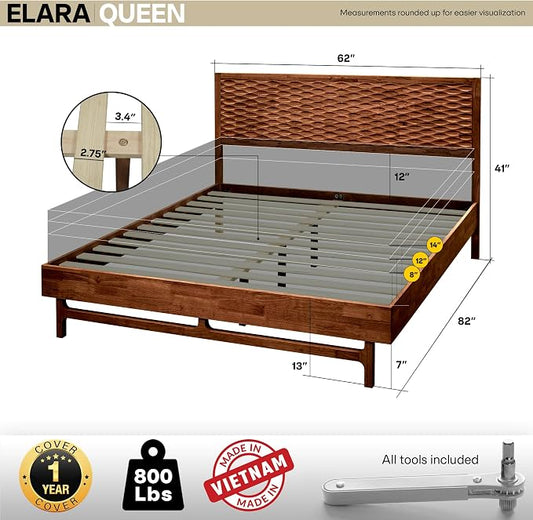 Acacia Elara Queen Platform Bed Frame – Solid Wood Mid-Century Modern Bed with Headboard, Spearhead Grain, Walnut Finish, 800lbs Support, No Box Spring, Easy Assembly with Tools