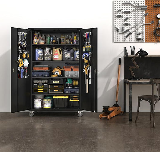 VINGLI Upgraded Wide & Deep Garage Storage Cabinet, Metal Storage Cabinet with Pegboards, Wheels, Locking Doors and Adjustable Shelves (Black, 43''W x 20''D x 72''H)