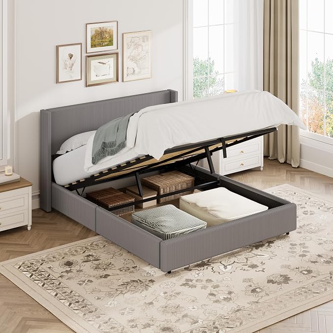 Garvee Queen Lift Up Storage Bed Frame, Corduroy Upholstered Platform Bed with Gas Lift, Padded Headboard, Wooden Slat Support, No Box Spring Needed, Easy Assembly, Taupe Grey