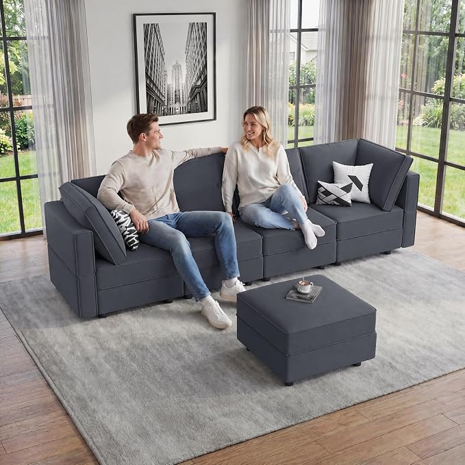 Vesgantti Sectional Couches with Storage Seats, 118" L Shaped Convertible Modular Sectional Sofa, 4 Seat & 1 Ottoman Velvet Storage Chaises Deep Seat Couch for Living Room, Bedroom, Apartment, Gray