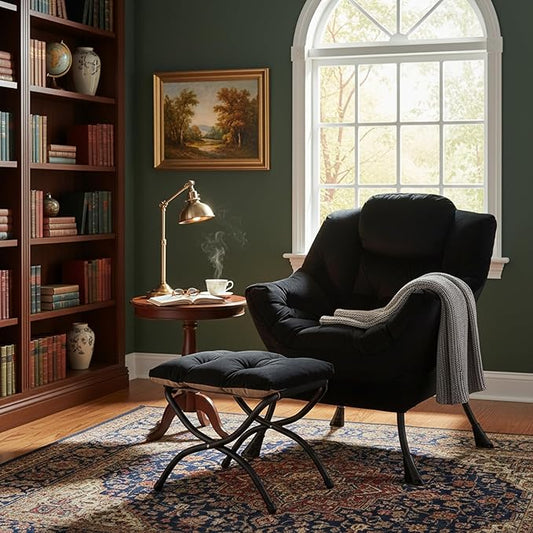 Welnow Lazy Chair with Ottoman, Modern Accent Chair with Armrests and a Side Pocket, Leisure Sofa Armchair, Reading Armchair with Footrest for Small Space, Black