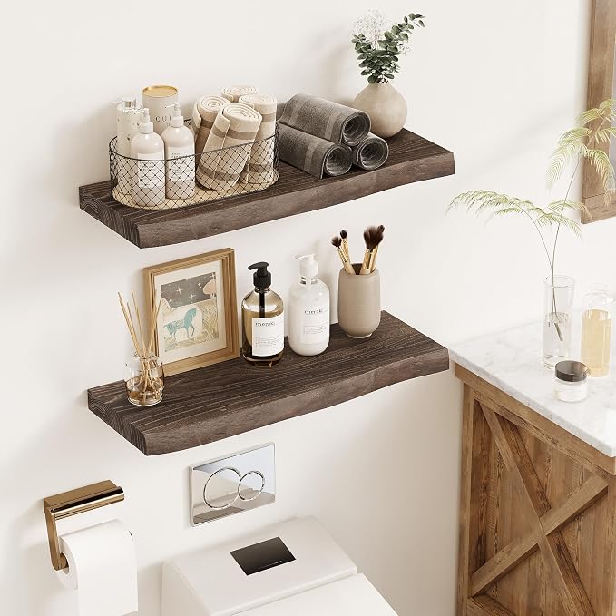 Vivelove Live Edge Floating Shelves for Wall Solid Elm Wood, Rustic Farmhouse Wall Shelf with Invisible Bracket for Living Room Bedroom Bathroom Office Book, 72 Inches - Set of 1 - Dark Walnut