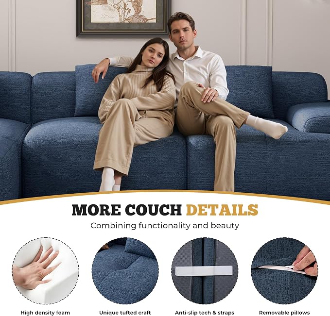 122" Modern Boneless Couches for Living Room, Convertible L Shaped Modular Sectional Sofa,4 Seater Cloud Couch Sofa Set, Blue 1 PCS