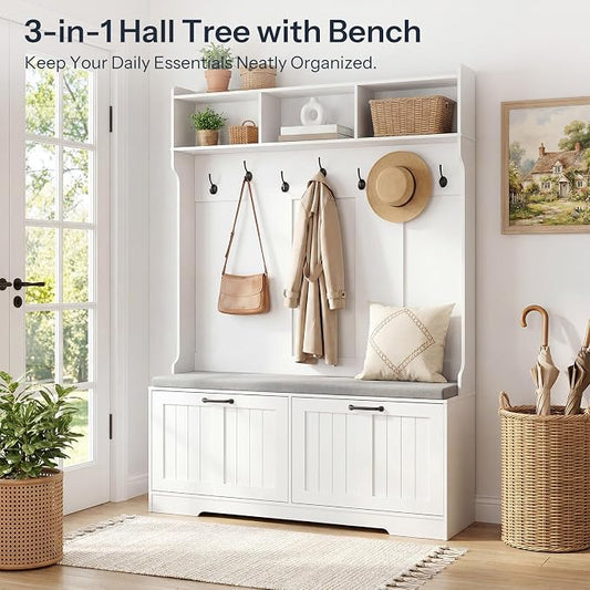 HOOBRO Hall Tree with Bench, 47.2" Hall Tree with Shoe Storage | Entryway Coat Rack, Shoe Bench with Storage, Farmhouse Hall Tree, 9 Coat Hooks, Adjustable Shelves, for Hallway, White