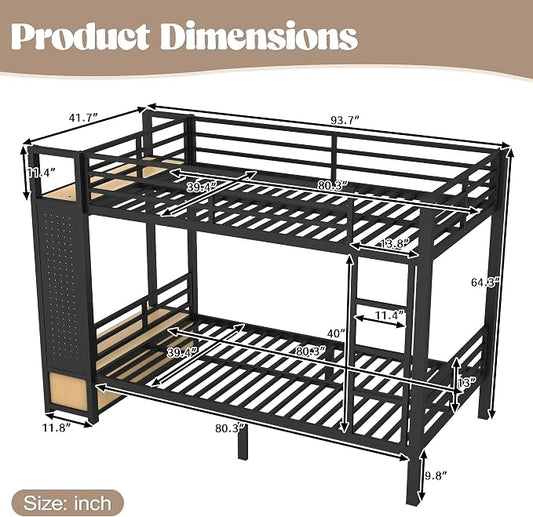 Bellemave Bunk Bed Twin XL Over Twin XL,Metal Bunk Bed with Shelf and Guardrails,Queen Bunk beds with Storage Drawers and Clothes Hooks for Kids, Teens & Adults(Black)