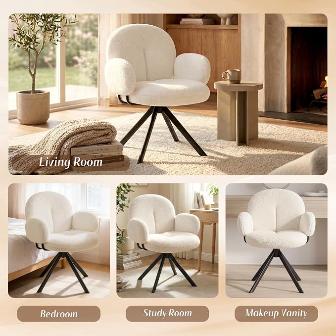 Cute Desk Chair No Wheels, 360° Swivel Accent Chairs with Arms, Modern Upholstered Dining Room Chairs with Tufted Cushion, Accent Chairs for Home Office/Bedroom/Kitchen, Teddy Sherpa, Beige