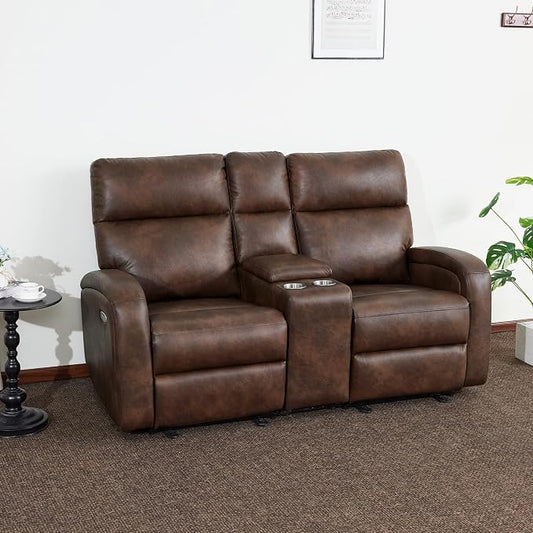 MCombo Zero Wall Recliner Loveseat, 2-Seat Power Wall Hugger Sofa with USB & Type-C Dual Ports, for Small Space Living Room RV, Faux Leather PR646 (Dark Brown, Loveseat with Console)