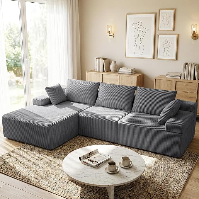 kinmars 108" Boneless Sectional Couch,Corduroy Cloud Couch Sectional for Living Room,Modern L Shaped Modular Sectional Couch,3 Seater Sofa (Dark Gray, 108.9" L Shaped with Left Facing Chaise)