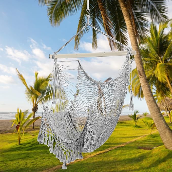 Hammock Chair,Max 330lbs, Large Hanging Chair, Soft Cotton Rope Swing Chair with High Load-Bearing Metal Rod,Indoor Outdoor Garden Yard Living Room Use