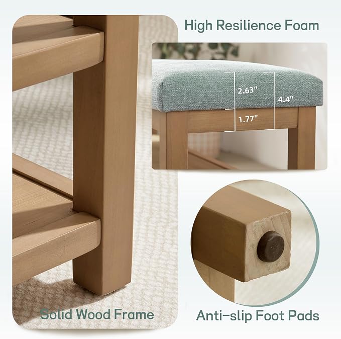 Zihanhome Shoe Rack Bench with Cushion, 2 Tier Solid Wood Storage Bench, Mid-Century Modern Shoe Bench for Entryway, Hallway, Closet, Front Door Entrance, Foyer (Teal, 39.4")
