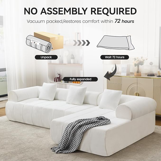 119'' Curved Boneless Sofa Couch, 3 Seat Cloud L Shaped Deep Seat Couches for Living Room, No Assembly Modular Sofa with Right Chaise Lounge, White