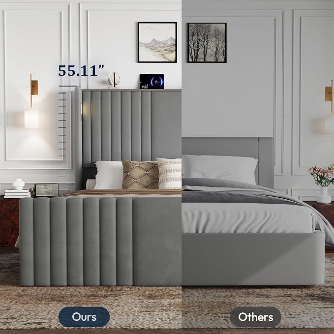 King Size Bed Frame with 55.1" Tall Headboard, Velvet Upholstered Platform Bed with Channel Tufted Wingback, 2 Reading Lights/Storage Shelf/Charging Station/Easy Assembly/Noise-Free, Grey