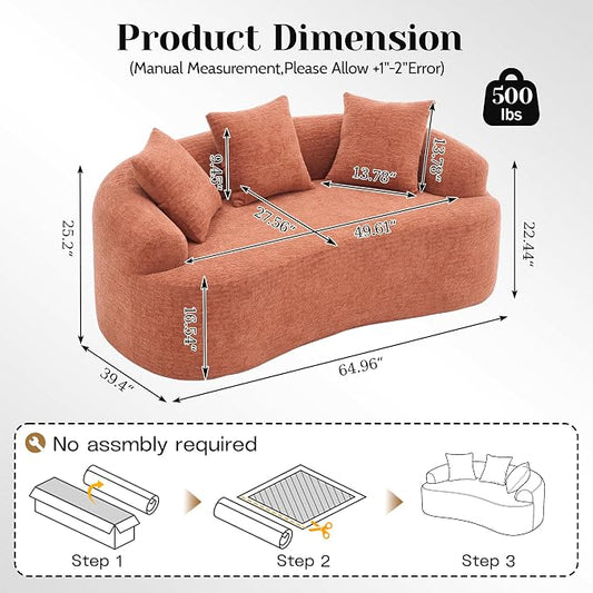 65" Curved Loveseat for Small Spaces,Boneless Loveseat Sofa,Wood Grain Chenille Fabric, No Installation Requirement, Curved Sofa Couch for Apartment,Living Room,Office (Coral, 65")