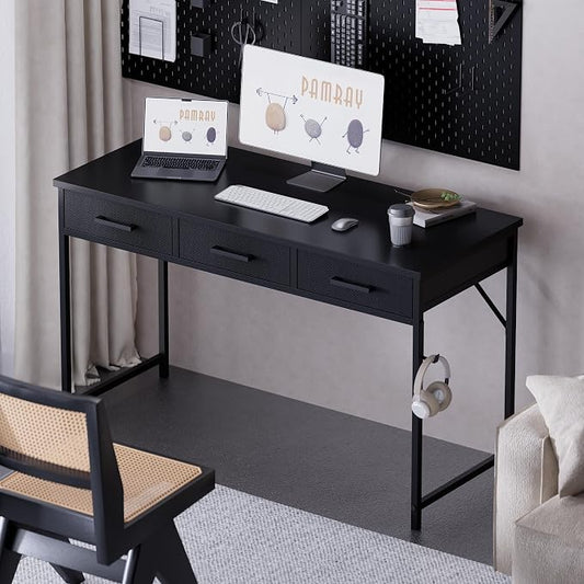 Pamray 47 Inch Small Computer Desk with 3 Drawers for Bedroom Study Writing Home Office Table for Small Spaces Black