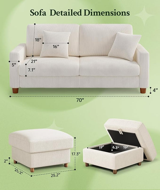 Welzona 70.2" Couches for living room, Comfy U Shaped Couch Beige 7.1" Thicker Cushion, Sofas for Living Room Tool-Free Setup, Loveseat with Ottoman 7058lbs Support, Corduroy Couch for Bedroom, Office