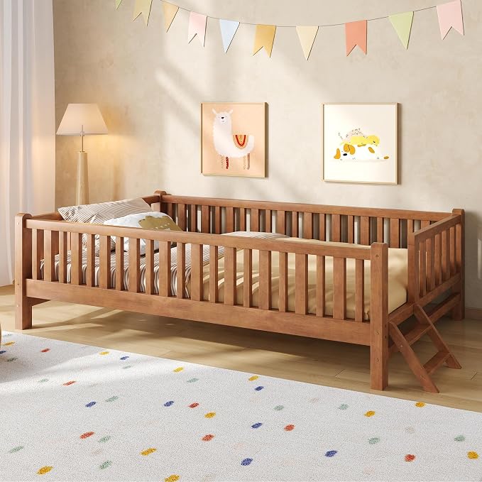 Merax Wood Twin Size Platform Bed with Guardrail, Kids Bed Frame with Stairs, Walnut