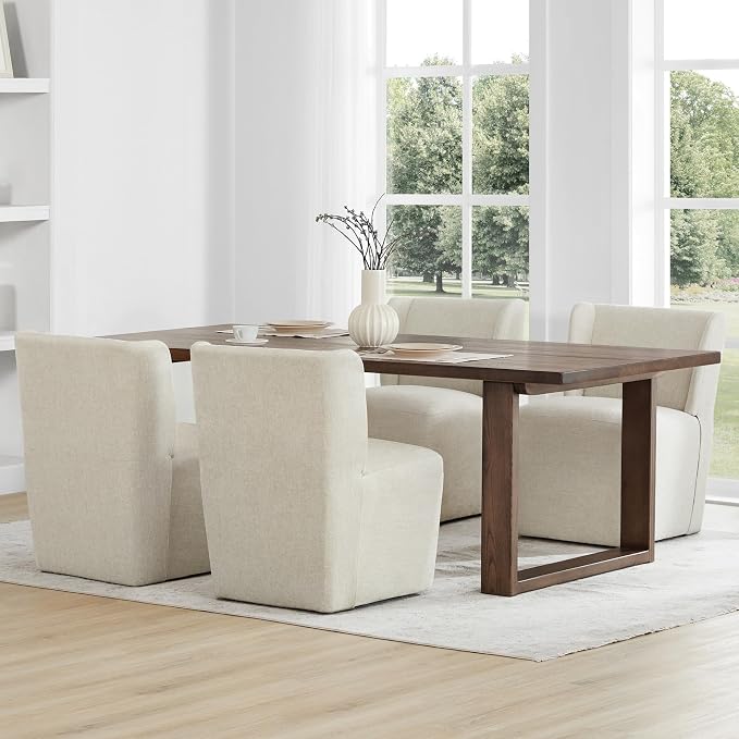 KISLOT Upholstered Dining Chairs Set of 2 with Casters, Wingback Modern Side Armless Deskchair with Rollers for Diningroom Bedroom Livingroom Reading Room, Cream Beige Fabric
