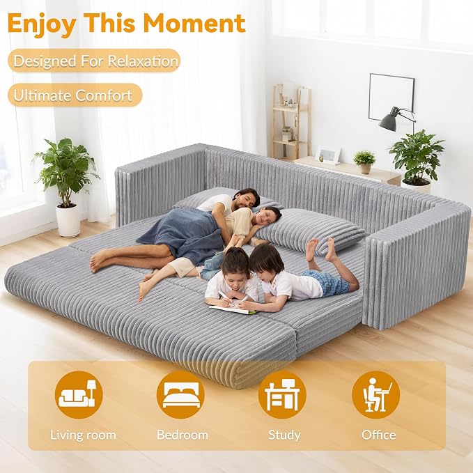 HABUTWAY 78" Loveseat Boneless Couch, 4-in-1 Convertible Sofa Bed, Plush Fur Folding Futon Sofa Bed Couches with 2 Pillows for Living Room, High-Density Foam Support, No Assembly Required, Light Grey