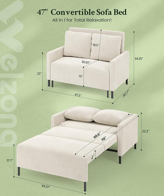 Welzona 47.2" Convertible Sofa Bed Couch, Comfy Corduroy Loveseat Sleeper Sofa, 620lbs Capacity Couch Bed, Easy Setup Love Seat Sleeper Bed 2 Pillows, Small Couches for Living Room/Office, Ivory White