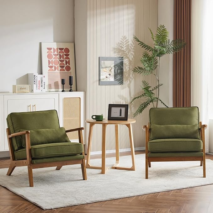 Karl home Mid-Century Lounge Accent Chair, Green | Wide Curved Armrest, Linen Fabric, Lumbar Pillow Included, Solid Wood Frame, For Living Room, Bedroom, Balcony, Apartment