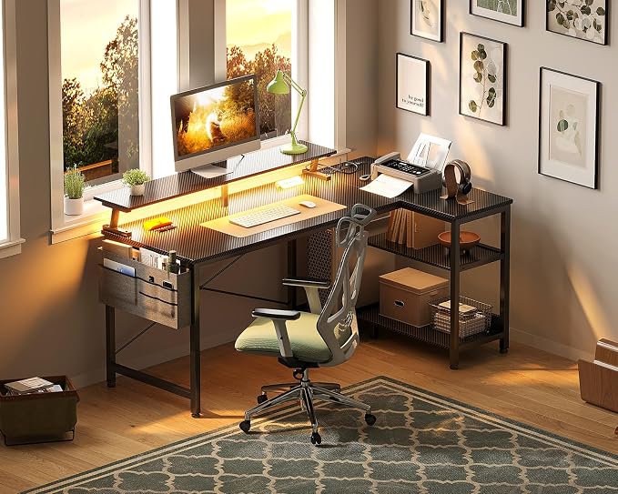 ODK 48 Inch Gaming Desk with USB Charging Ports and LED Lights, Reversible L Shaped Computer Desk with Storage Shelves & Monitor Stand, Corner Gamer Desk Table with Power Outlets, Black