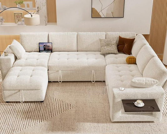 Vipbear 111" Modular Sectional Sleeper Sofa with Pull Out Bed, 7 Seat Chenille L Shaped Couch with Storage Ottoman|USB Ports|Cup Holders|Side Table|LED Light, Tool Free Assembly, Beige