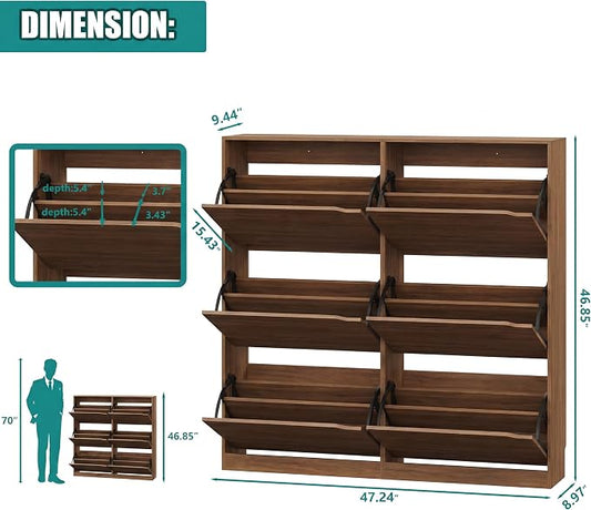 Xixini Shoe Storage Cabinet for Entryway with 6 Flip Drawers, Sturdy Wood Hidden Shoe Storage, Freestanding Narrow Slim Shoe Organizer for Front Door Entrance, Living Room, Hallway, Bedroom, Walnut
