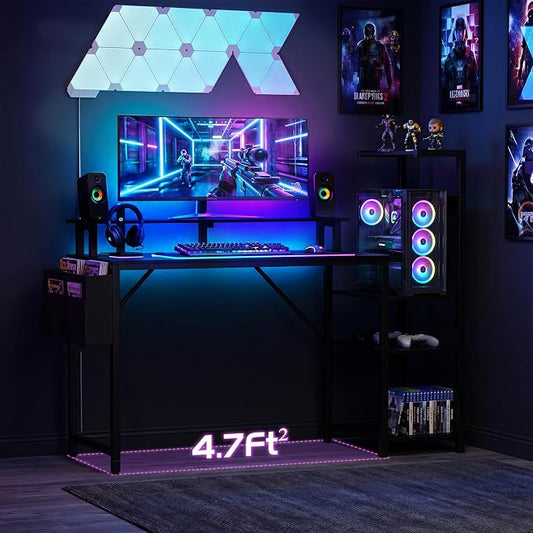 Apicizon 47 Inch Gaming Desk with LED Setup Style, Computer Desk with Storage Shelves & Monitor Stand, Reversible Workstation for Small Space, Home Office Desk with Side Pocket