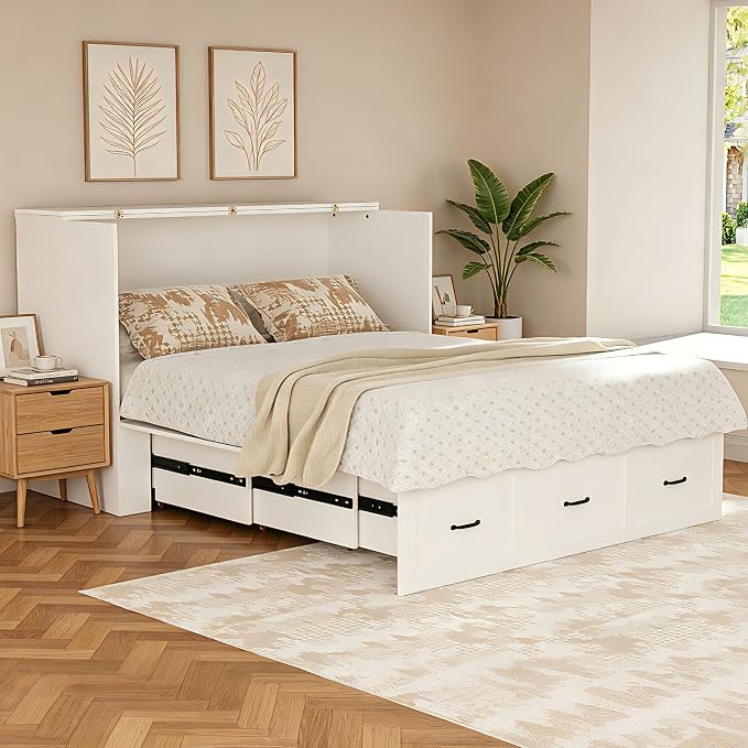 Full Size Murphy Bed with Storage & Charging Station – Farmhouse Cabinet Bed, Space Saving & Noise-Free Wall Bed for Guest Bedroom, Living Room, Office, White