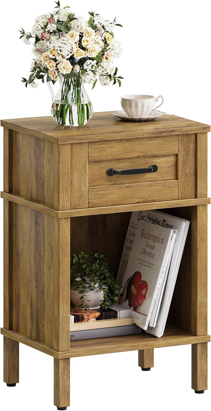 Farmhouse Nightstand with Drawer, Small Wood Bedside Table, Small Rustic Side Table, Modern End Table with Drawer, Wooden Walnut Brown Night Stand for Bedroom LET512DR