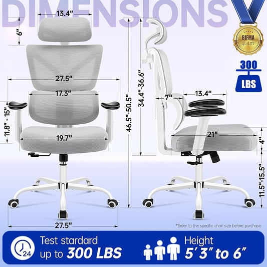 Ergonomic Office Chair, High Back Mesh Computer Chair with Comfortable Adaptive Lumbar Support, Built-in Coat Hanger, SGS Class 4 Gas Lift, Heavy Duty 300lbs for Long Hours Home Office