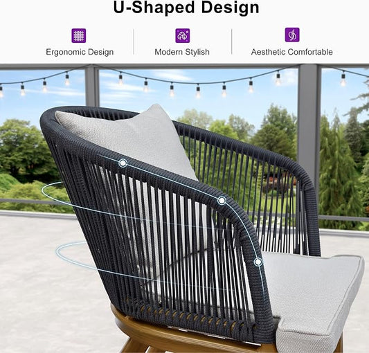 PURPLE LEAF 5 Pieces Patio Dining Set Wicker Outdoor Furniture Oversize Round Table and Chairs Set for Garden Deck Teak-Finish Aluminum Frame Backyard Kitchen Set, Cushions and Pillows Included