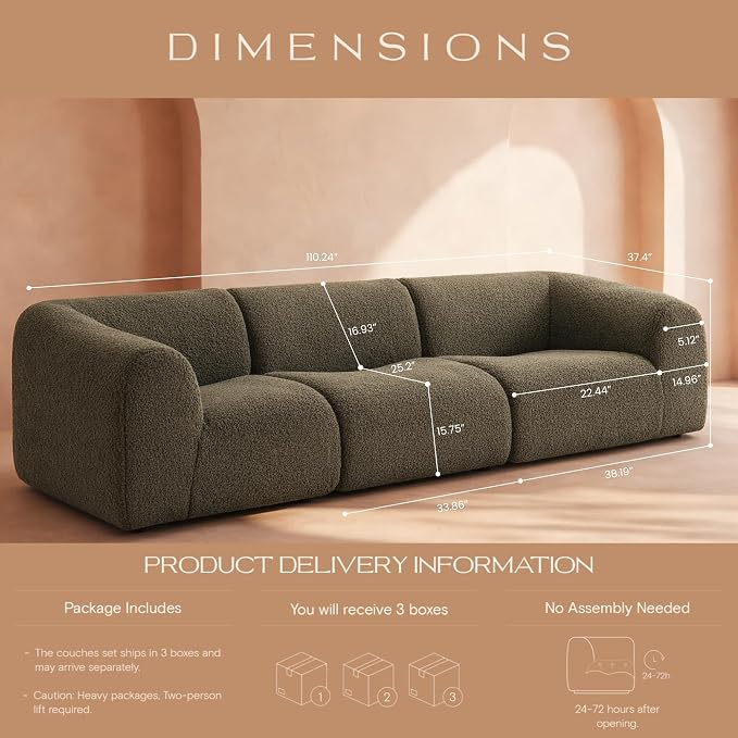 Curved Sectional Modular Couch with Chaise, Modern 110.24'' Boneless Sofa with Deep Seat, Sherpa Boucle Cloud Couch for Living Room, Cozy Teddy 3 Seater Couches,No Assembly, Green