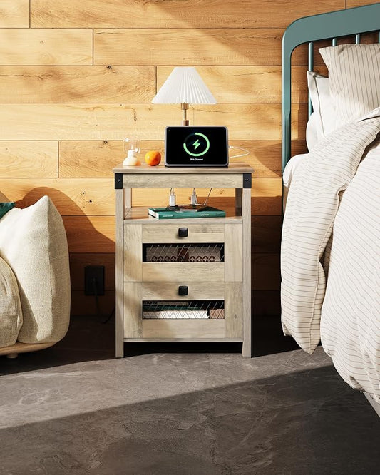 WLIVE Nightstand with Charging Station, Farmhouse End Table, Bed Side Table with 2 Storage Drawers and Open Shelf, Wood Rustic Nightstands for Bedroom, Greige