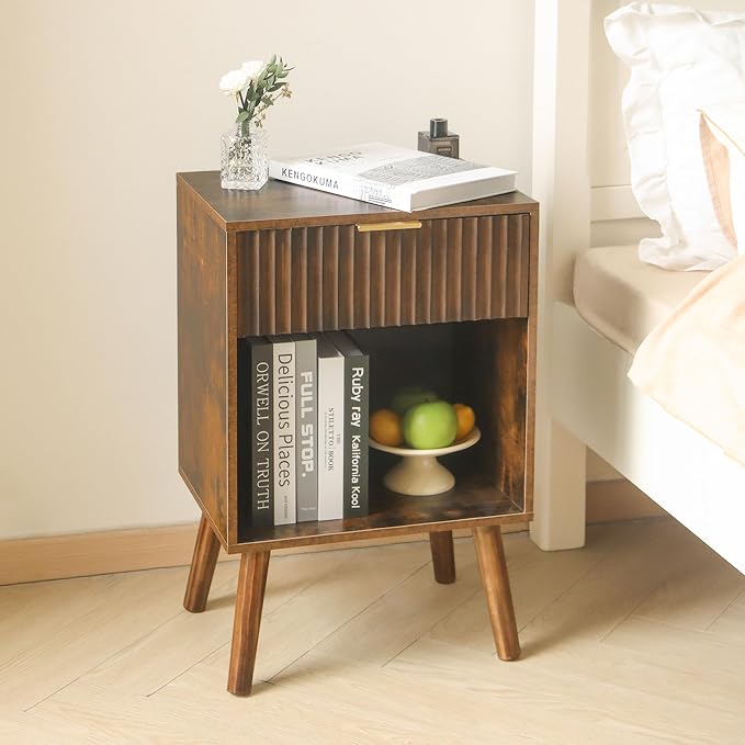 Fultyle Mid Century Modern Nightstand, Wood Bedside Table with Drawer and Open Storage, End Table Living Room Fluted Night Stand with Solid Wood Legs for Bedroom (Rustic Brown)