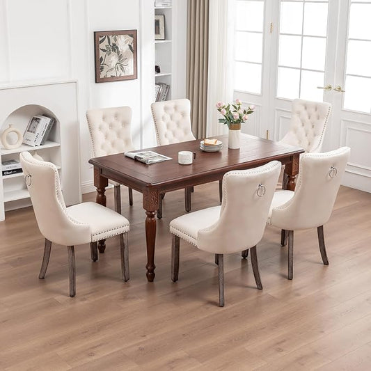 Mid Century Modern Dining Chair Set of 8 Velvet Upholstered Dining Accent Chair Farmhouse Dining Chairs with High Back and Nailhead Trim for Kitchen, Living Room, Bedroom (Beige)