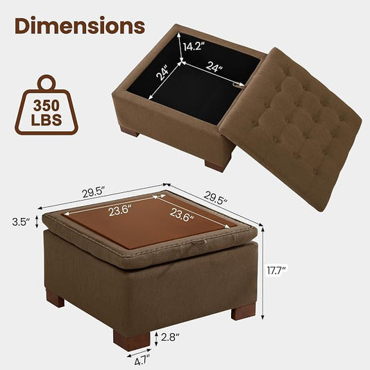 30 Inch Square Storage Ottoman Coffee Table, Modern Tufted Upholstered Ottoman with Flip Tray and Solid Wood Legs, Suitable for Living Rooms, Linen Brown