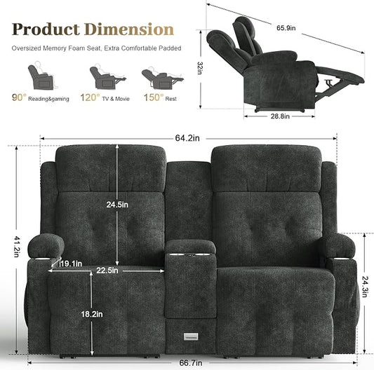 Fabric Reclining Loveseat, Massage Loveseat Recliner Sofa Heavy Weight Capacity, RV Love Seat Chair Clearance with Console, USB, Type C Port, Storage, Cup Holders, Wall Hugger Couch for Living Room