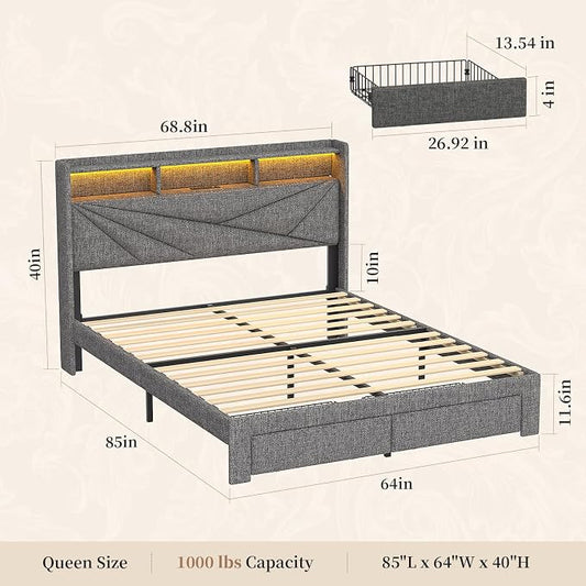 Queen Bed Frame with Storage Headboard, Upholstered Queen Size Bed Frame with LED Lights, USB Charging Station & 2 Storage Drawers, No Box Spring Needed, Light Grey