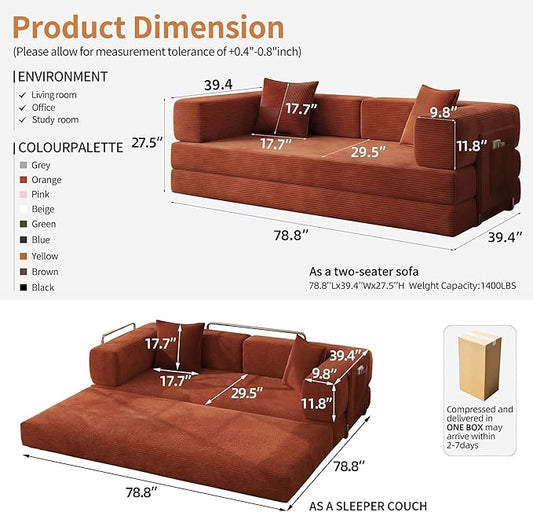 78.8" Convertible Sofa Bed with Armrest Pillow, 4-in-1 Sleeper Couch Bed for Livingroom, Modular Corduroy Boneless couches, No Assembly (Orange)