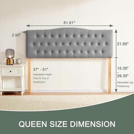 Tufted Headboard Queen Size, Solid Wood Adjustable Height Head Board, Gray | Upholstered Queen Headboard Only with Durable Solid Wood Legs, Adjustable Height 37-51 in, Fabric Button Diamond HeadBoards