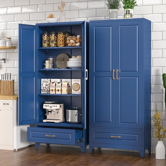 Polup Metal Storage Cabinet,75" Tall Kitchen Pantry Storage Cabinet with Doors and Adjustable Shelves, Blue Metal Pantry Cabinets with Drawer, Large Cupboard for Kitchen, Dining Living Room
