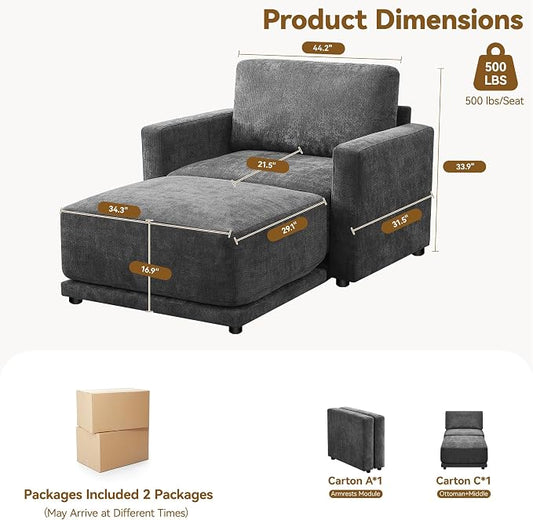 44.2" Chenille Oversized Chair with Movable Ottoman, Modular 1 Seat Couch with Thickened Cushions, Modern Single Sofa Chaise Lounge Reading Chair for Living Room, Small Apartment, Black