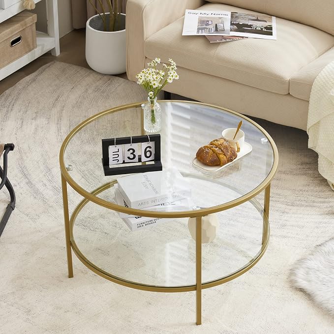 VINGLI Glass Coffee Table, 30" Round Champagne Gold Coffee Tables for Living Room,2-Tier Glass Top Coffee Table with Storage Clear Coffee Table,Simple & Modern Center Table Mesa de Centro para Sala