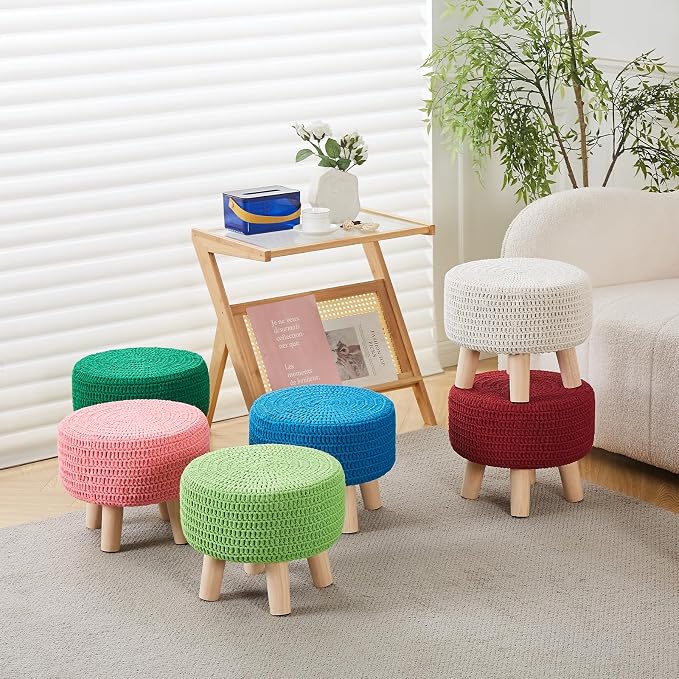 Wimarsbon Pouf Ottoman, 100% Cotton Knitted Boho Footstool, Round Footrest with Non-Skid Wood Legs, Home Décor Handmade Pouffe, Leisure Floor Step Stool for Living Room (Pink)