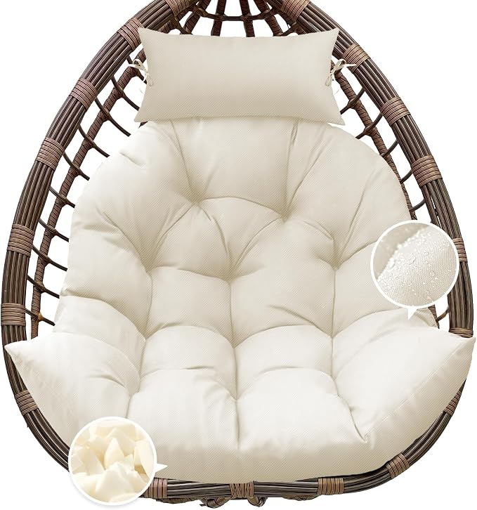 Outdoor Hanging Egg Chair Cushion Replacement, Thicken Egg Chair Cushion Waterproof Basket Eggs Chairs Cushion with Headrest Pillow, U-Shaped Cushions for Hanging Eggs Chairs Swing (Cream)