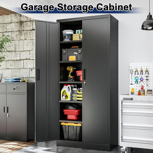 BESFUR Metal Garage Storage Cabinet with Locking Doors and 5 Adjustable Shelves, Black Tall Storage Cabinets, Tool File Lockable Cabinet for Garage Office Warehouse Shop(71”H)